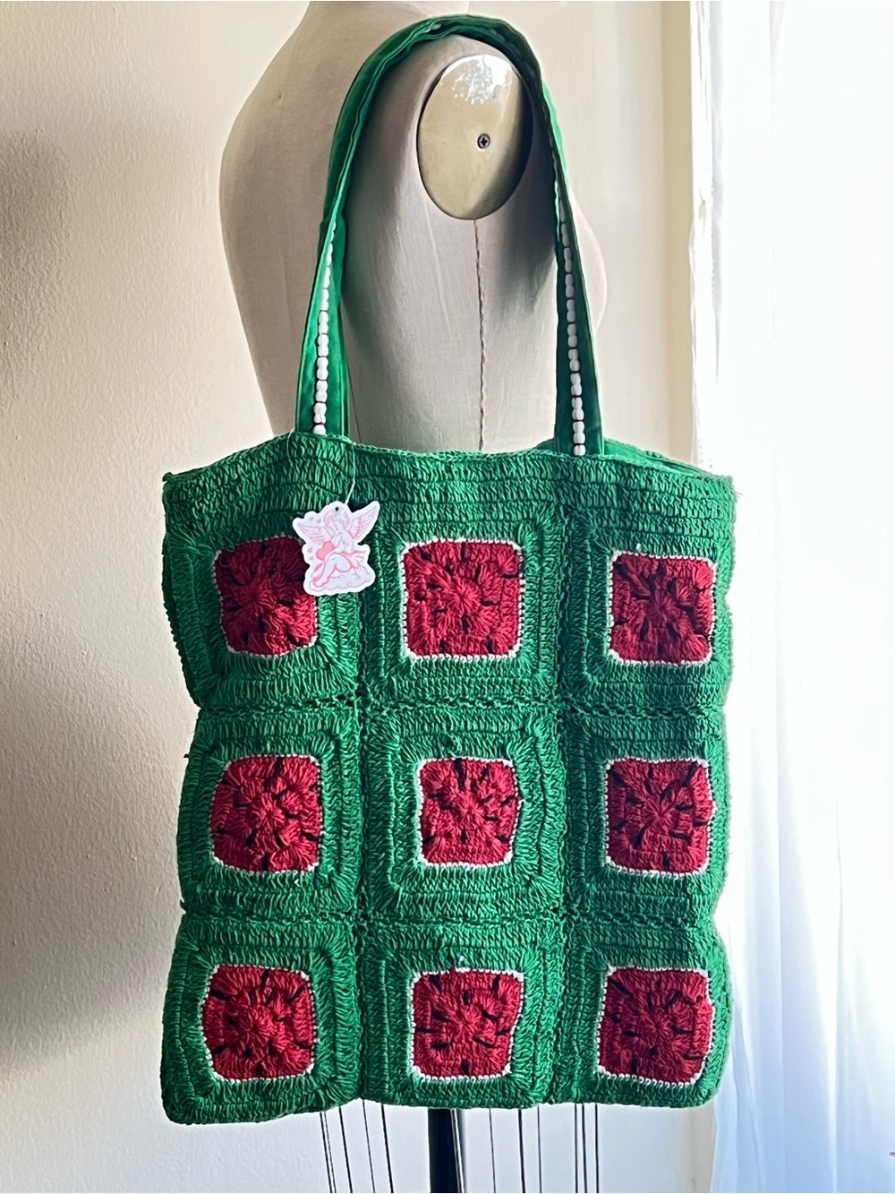 NWT Handcrafted Watermelon Green & Red Crochet Tote Bag